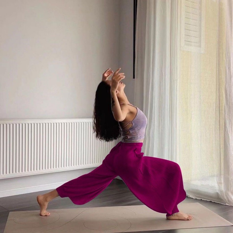Pantaloni de yoga indieni pentru femei – vară, talie înaltă, elastici, largi, din in gază cu drapaj
