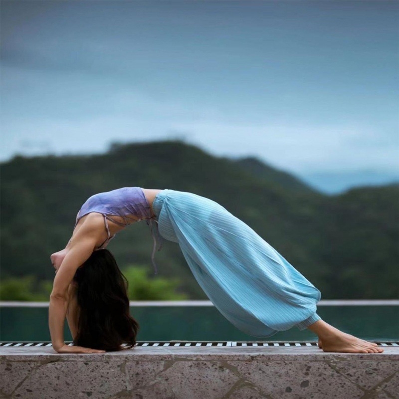 Pantaloni de yoga indieni pentru femei – vară, talie înaltă, elastici, largi, din in gază cu drapaj