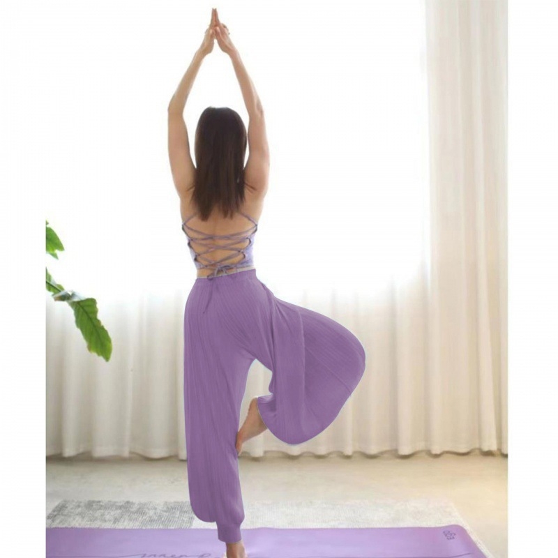 Pantaloni de yoga indieni pentru femei – vară, talie înaltă, elastici, largi, din in gază cu drapaj