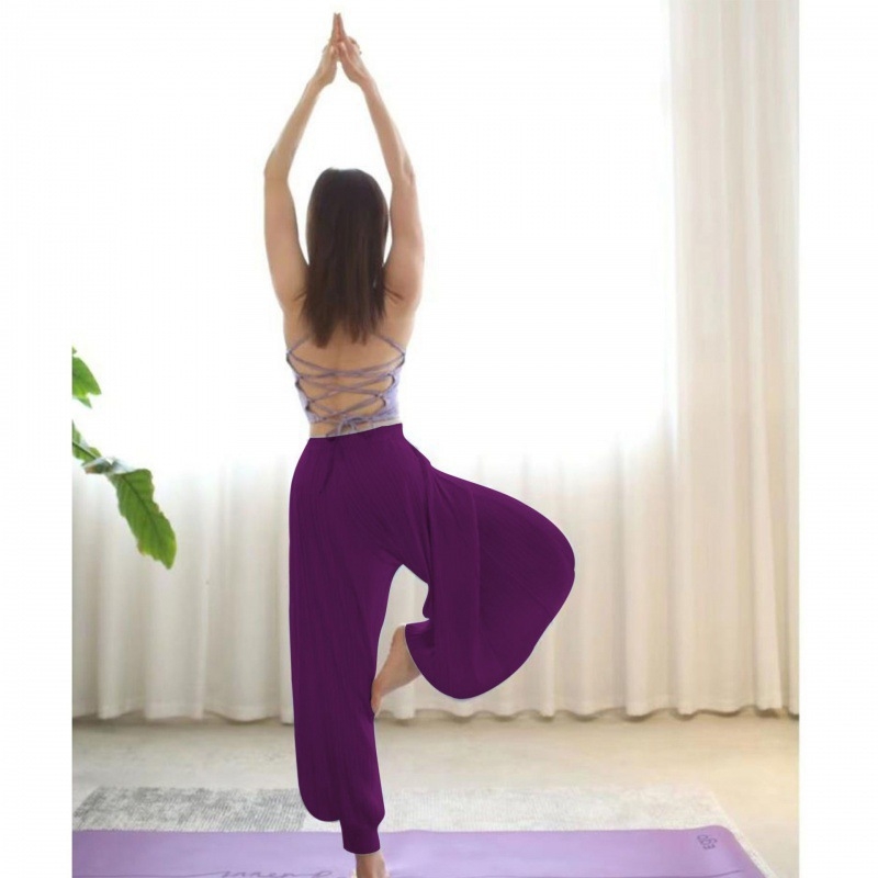 Pantaloni de yoga indieni pentru femei – vară, talie înaltă, elastici, largi, din in gază cu drapaj