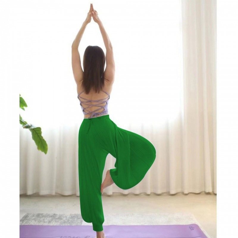 Pantaloni de yoga indieni pentru femei – vară, talie înaltă, elastici, largi, din in gază cu drapaj