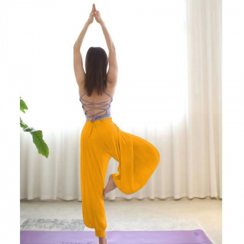 Pantaloni de yoga indieni pentru femei – vară, talie înaltă, elastici, largi, din in gază cu drapaj