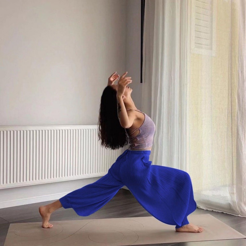 Pantaloni de yoga indieni pentru femei – vară, talie înaltă, elastici, largi, din in gază cu drapaj