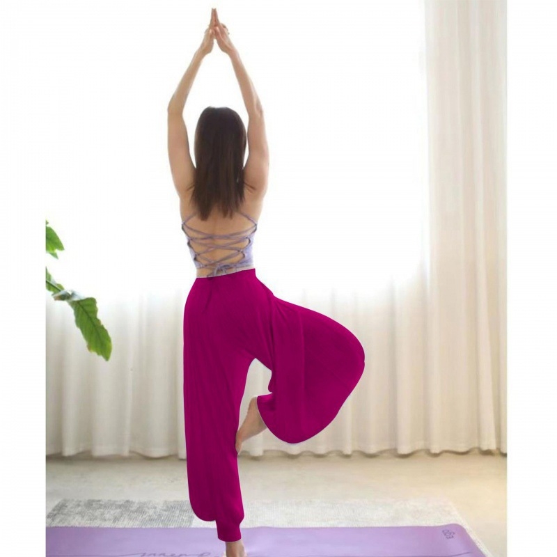 Pantaloni de yoga indieni pentru femei – vară, talie înaltă, elastici, largi, din in gază cu drapaj