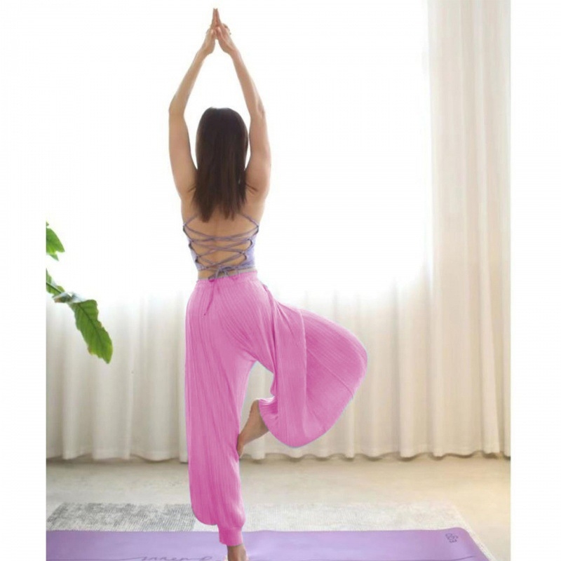 Pantaloni de yoga indieni pentru femei – vară, talie înaltă, elastici, largi, din in gază cu drapaj