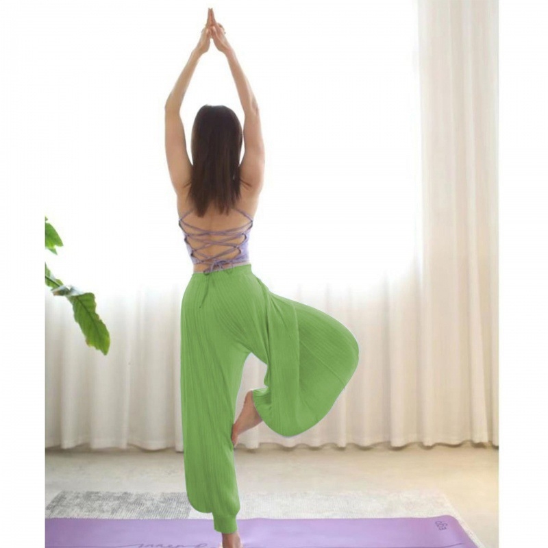 Pantaloni de yoga indieni pentru femei – vară, talie înaltă, elastici, largi, din in gază cu drapaj