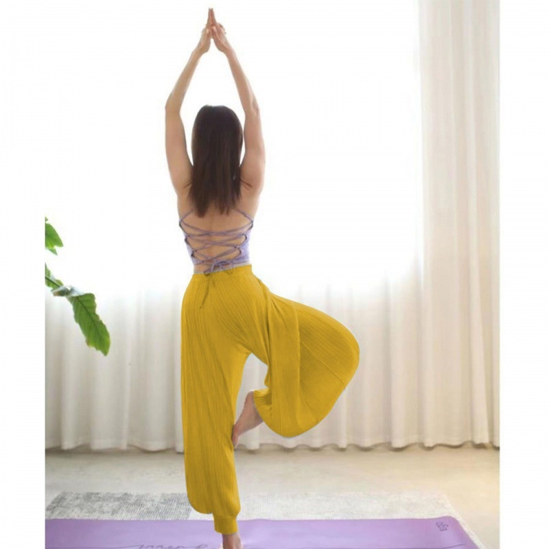 Pantaloni de yoga indieni pentru femei – vară, talie înaltă, elastici, largi, din in gază cu drapaj