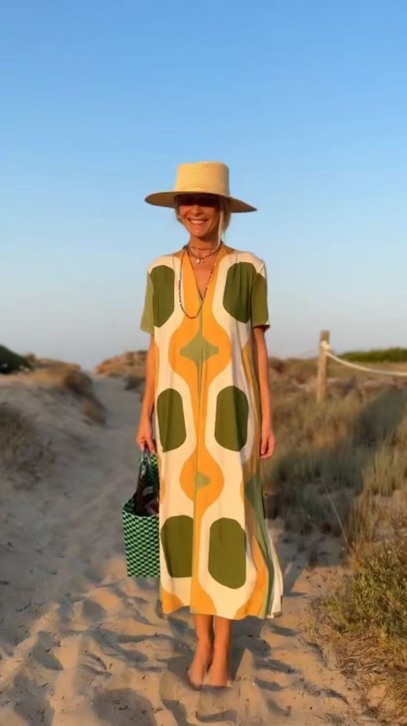 Ljetna midi haljina s V izrezom, opuštenim strukom, kratkim rukavima, otiskom, etno vintage stil, elegantna i graciozna