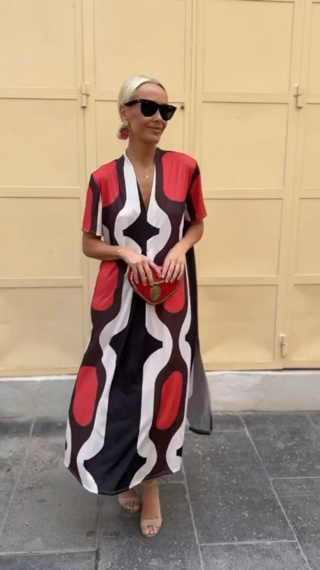 Ljetna midi haljina s V izrezom, opuštenim strukom, kratkim rukavima, otiskom, etno vintage stil, elegantna i graciozna