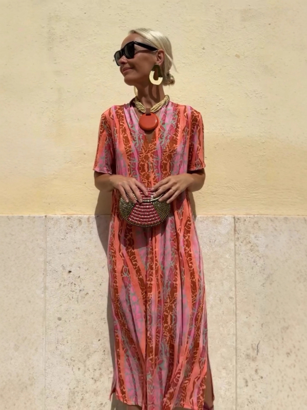 Ljetna midi haljina s V izrezom, opuštenim strukom, kratkim rukavima, otiskom, etno vintage stil, elegantna i graciozna