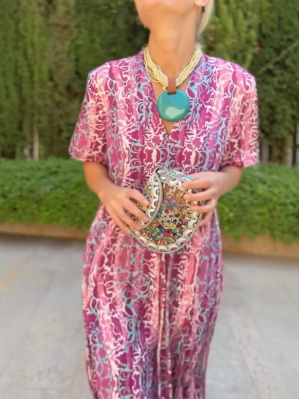 Ljetna midi haljina s V izrezom, opuštenim strukom, kratkim rukavima, otiskom, etno vintage stil, elegantna i graciozna