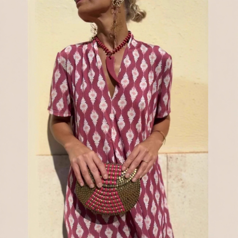 Ljetna midi haljina s V izrezom, opuštenim strukom, kratkim rukavima, otiskom, etno vintage stil, elegantna i graciozna