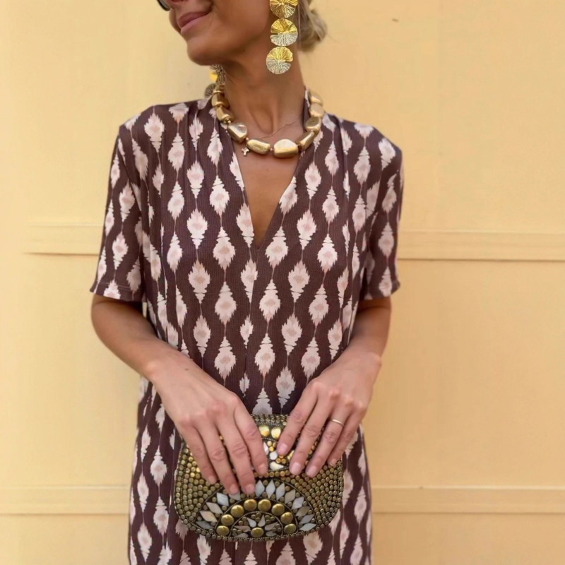 Ljetna midi haljina s V izrezom, opuštenim strukom, kratkim rukavima, otiskom, etno vintage stil, elegantna i graciozna