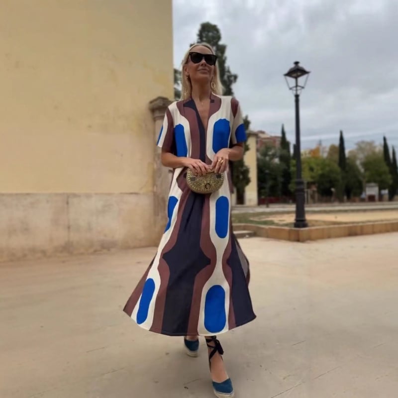 Ljetna midi haljina s V izrezom, opuštenim strukom, kratkim rukavima, otiskom, etno vintage stil, elegantna i graciozna