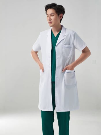 Unisex bijeli laboratorijski kaput za liječnike, medicinske sestre i osoblje u laboratoriju; pamuk-poliester smjesa; dugi ili kratki rukavi; srednja duljina.