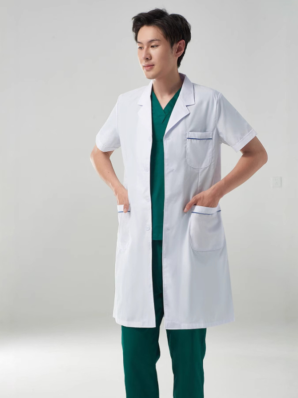 Unisex bijeli laboratorijski kaput za liječnike, medicinske sestre i osoblje u laboratoriju; pamuk-poliester smjesa; dugi ili kratki rukavi; srednja duljina.