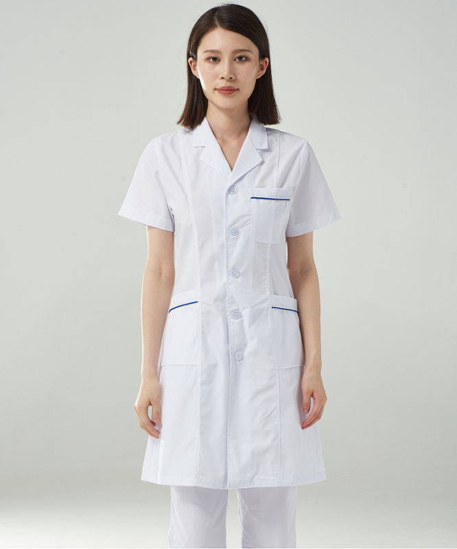 Unisex bijeli laboratorijski kaput za liječnike, medicinske sestre i osoblje u laboratoriju; pamuk-poliester smjesa; dugi ili kratki rukavi; srednja duljina.