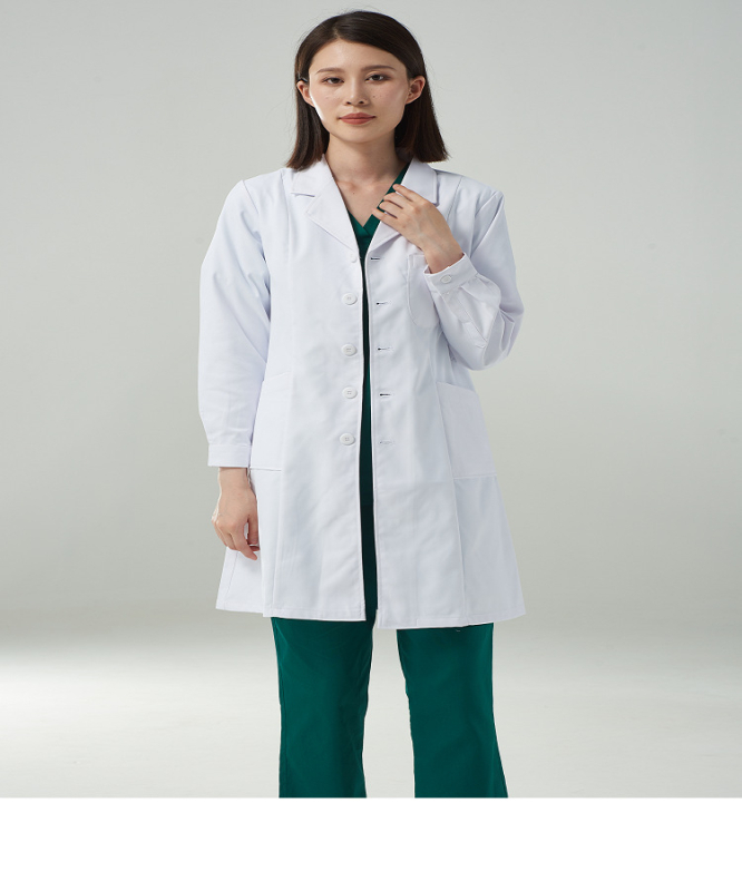 Unisex bijeli laboratorijski kaput za liječnike, medicinske sestre i osoblje u laboratoriju; pamuk-poliester smjesa; dugi ili kratki rukavi; srednja duljina.