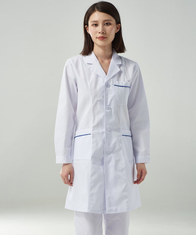 Unisex bijeli laboratorijski kaput za liječnike, medicinske sestre i osoblje u laboratoriju; pamuk-poliester smjesa; dugi ili kratki rukavi; srednja duljina.