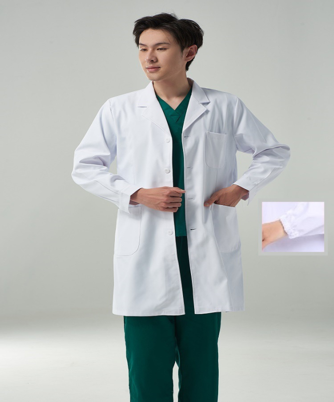 Unisex bijeli laboratorijski kaput za liječnike, medicinske sestre i osoblje u laboratoriju; pamuk-poliester smjesa; dugi ili kratki rukavi; srednja duljina.