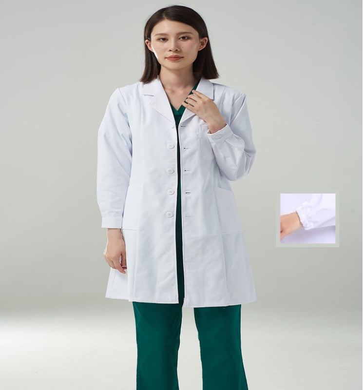 Unisex bijeli laboratorijski kaput za liječnike, medicinske sestre i osoblje u laboratoriju; pamuk-poliester smjesa; dugi ili kratki rukavi; srednja duljina.
