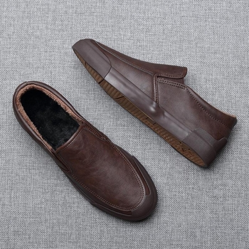 Férfi téli cipő meleg bélésű, PU bőr slip-on brogues, mindennapi viselet