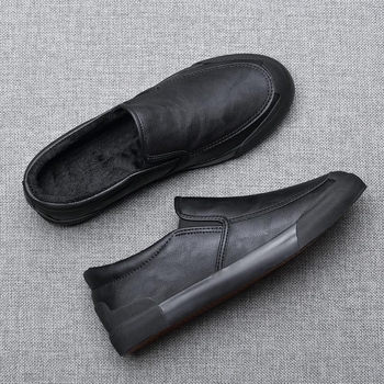 Férfi téli cipő meleg bélésű, PU bőr slip-on brogues, mindennapi viselet