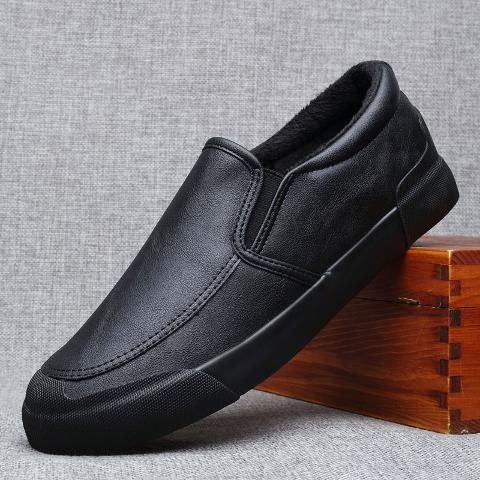 Férfi téli cipő meleg bélésű, PU bőr slip-on brogues, mindennapi viselet