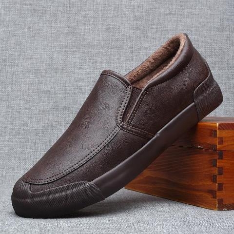 Férfi téli cipő meleg bélésű, PU bőr slip-on brogues, mindennapi viselet