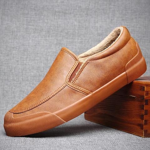 Férfi téli cipő meleg bélésű, PU bőr slip-on brogues, mindennapi viselet