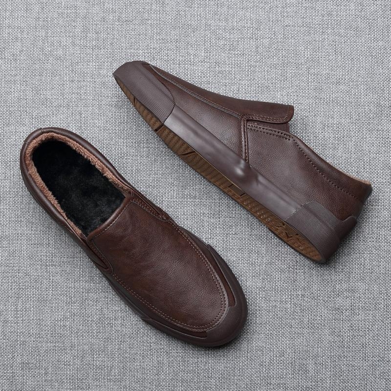 Férfi téli cipő meleg bélésű, PU bőr slip-on brogues, mindennapi viselet