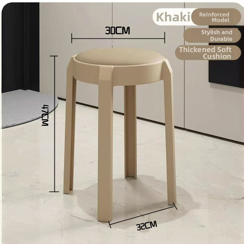 Stackovateľné okrúhle plastové stoličky s mäkkým sedením, minimalistický moderný dizajn pre domáce použitie