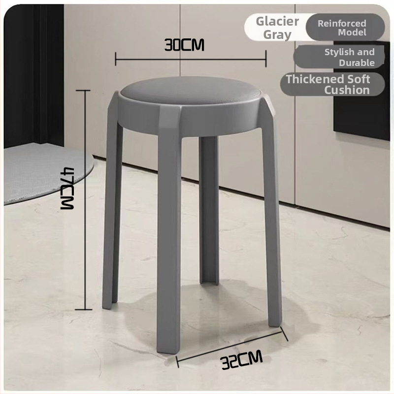 Stackovateľné okrúhle plastové stoličky s mäkkým sedením, minimalistický moderný dizajn pre domáce použitie