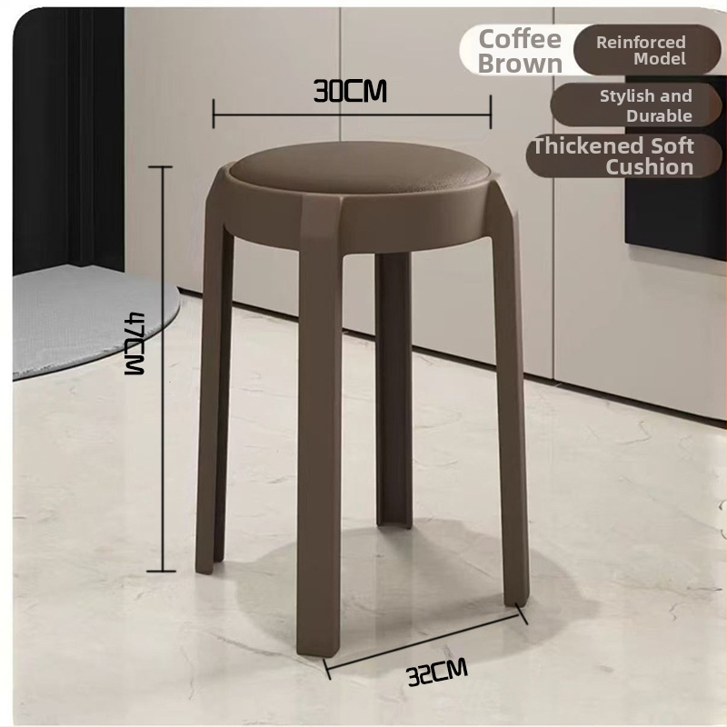 Stackovateľné okrúhle plastové stoličky s mäkkým sedením, minimalistický moderný dizajn pre domáce použitie