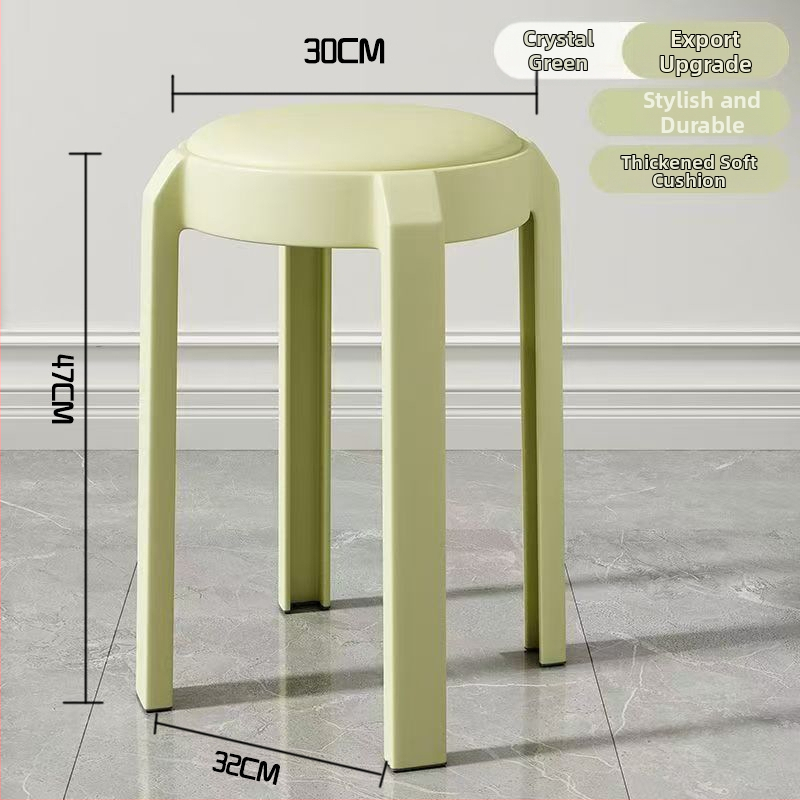 Stackovateľné okrúhle plastové stoličky s mäkkým sedením, minimalistický moderný dizajn pre domáce použitie