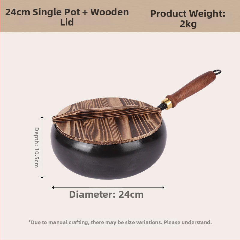 24 cm ručno kovana željezna wok tava s drvenim poklopcem, kineskog stila, s jednim dnom, za jednu osobu, premium kvaliteta