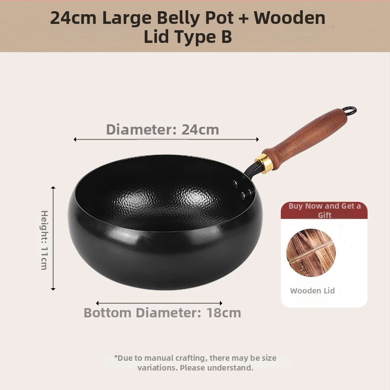 24 cm ručno kovana željezna wok tava s drvenim poklopcem, kineskog stila, s jednim dnom, za jednu osobu, premium kvaliteta