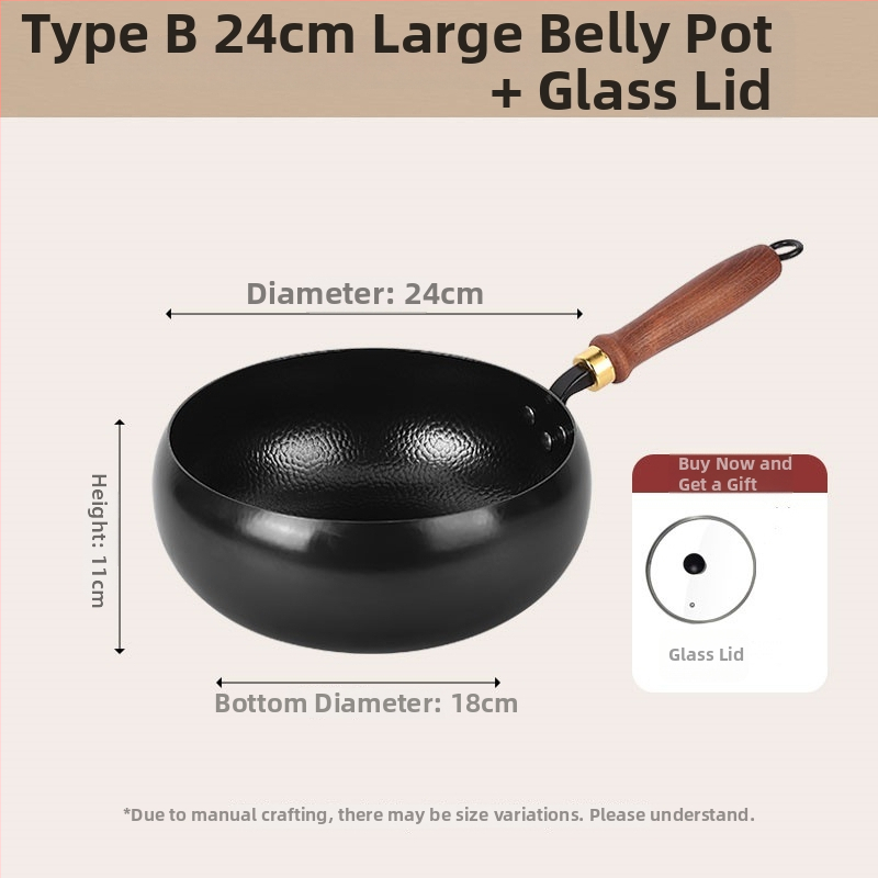 24 cm ručno kovana željezna wok tava s drvenim poklopcem, kineskog stila, s jednim dnom, za jednu osobu, premium kvaliteta