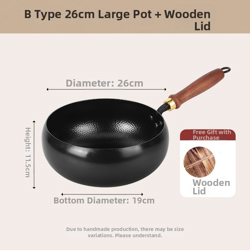 24 cm ručno kovana željezna wok tava s drvenim poklopcem, kineskog stila, s jednim dnom, za jednu osobu, premium kvaliteta