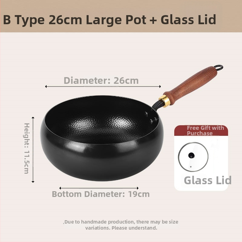 24 cm ručno kovana željezna wok tava s drvenim poklopcem, kineskog stila, s jednim dnom, za jednu osobu, premium kvaliteta