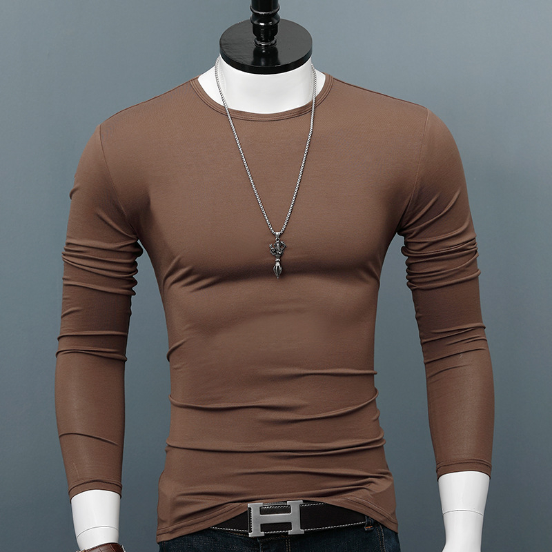 Tricou de bărbați cu mâneci lungi, guler rotund, croială slim, din amestec modal-bumbac, uni, toamnă