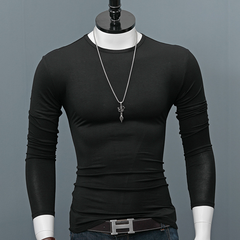 Tricou de bărbați cu mâneci lungi, guler rotund, croială slim, din amestec modal-bumbac, uni, toamnă