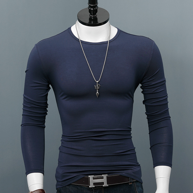 Tricou de bărbați cu mâneci lungi, guler rotund, croială slim, din amestec modal-bumbac, uni, toamnă