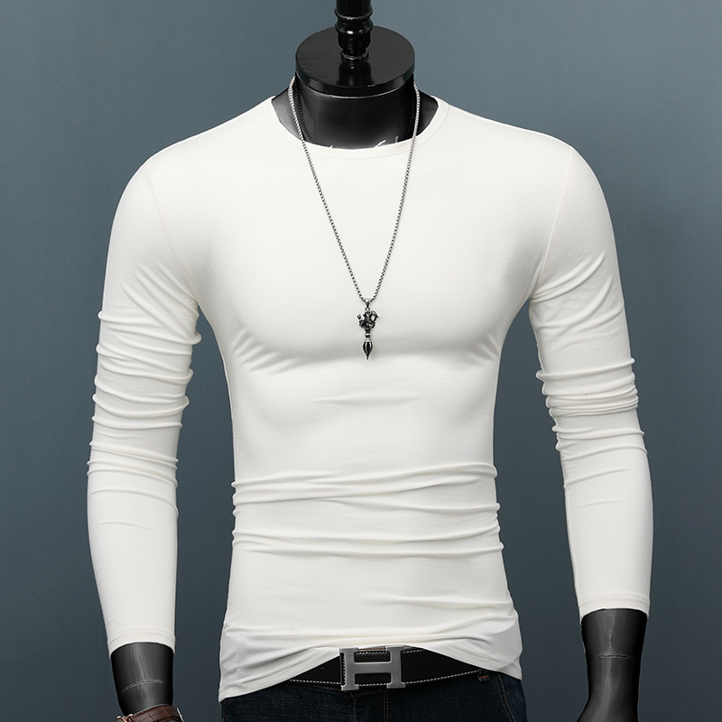 Tricou de bărbați cu mâneci lungi, guler rotund, croială slim, din amestec modal-bumbac, uni, toamnă