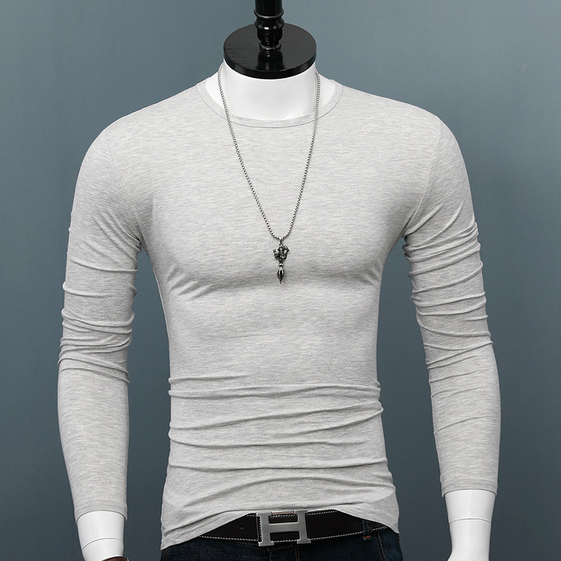 Tricou de bărbați cu mâneci lungi, guler rotund, croială slim, din amestec modal-bumbac, uni, toamnă