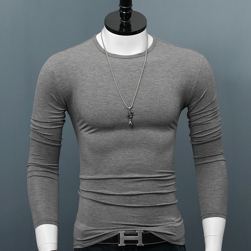 Tricou de bărbați cu mâneci lungi, guler rotund, croială slim, din amestec modal-bumbac, uni, toamnă