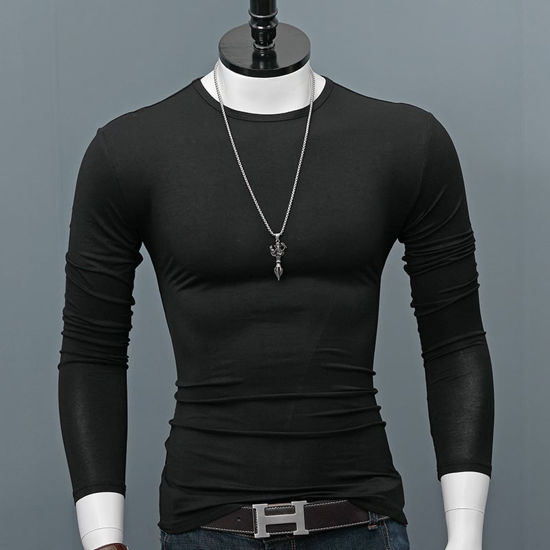 Tricou de bărbați cu mâneci lungi, guler rotund, croială slim, din amestec modal-bumbac, uni, toamnă