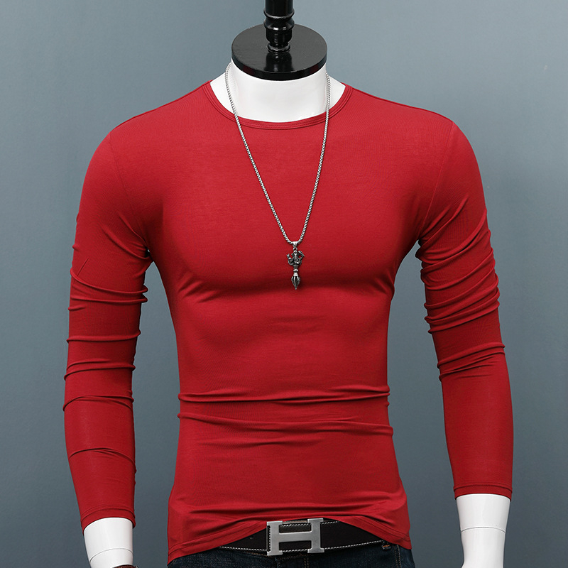 Tricou de bărbați cu mâneci lungi, guler rotund, croială slim, din amestec modal-bumbac, uni, toamnă