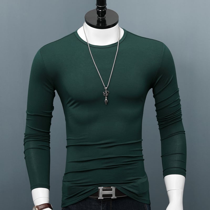 Tricou de bărbați cu mâneci lungi, guler rotund, croială slim, din amestec modal-bumbac, uni, toamnă