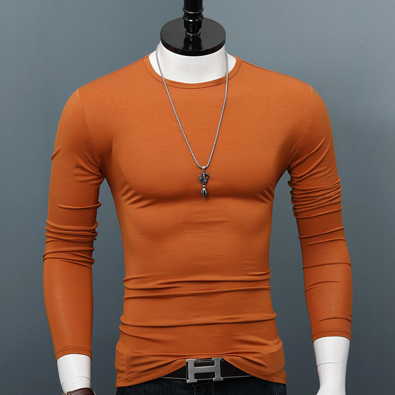 Tricou de bărbați cu mâneci lungi, guler rotund, croială slim, din amestec modal-bumbac, uni, toamnă